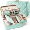 Velvet Travel Jewelry Box with Large Mirror, Double-Layer Jewelry Organizer Case for Women and Girls, Portable Storage Case with 6 Anti-Tarnish Bags Gift Ready for Her (Mint Green)