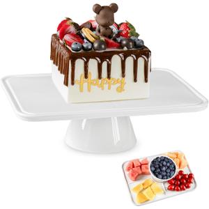13" x 9" Rectangular Ceramic Cake Stand, 2-in-1 Serving Platter for Dessert Table, Elegant White Pedestal Display for Wedding Birthday Baby Shower Party, Microwave Dishwasher Safe