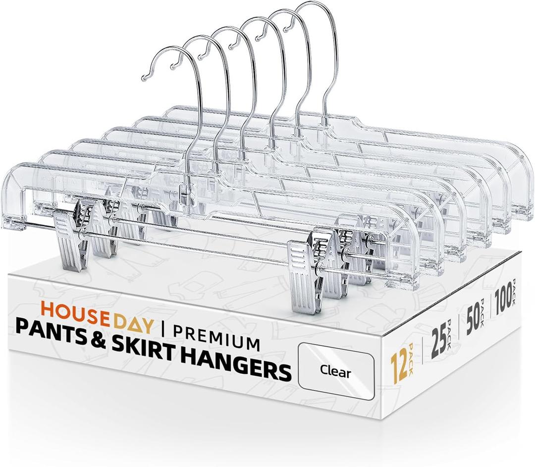 HOUSE DAY 12 Pack 14 inch Clear Plastic Skirt Hangers with Adjustable Clips, Pants Hangers 360-Rotating Swivel Hook, Clip Hangers for Pants, Trousers, Skirts, Jeans, Bulk Plastic Hangers