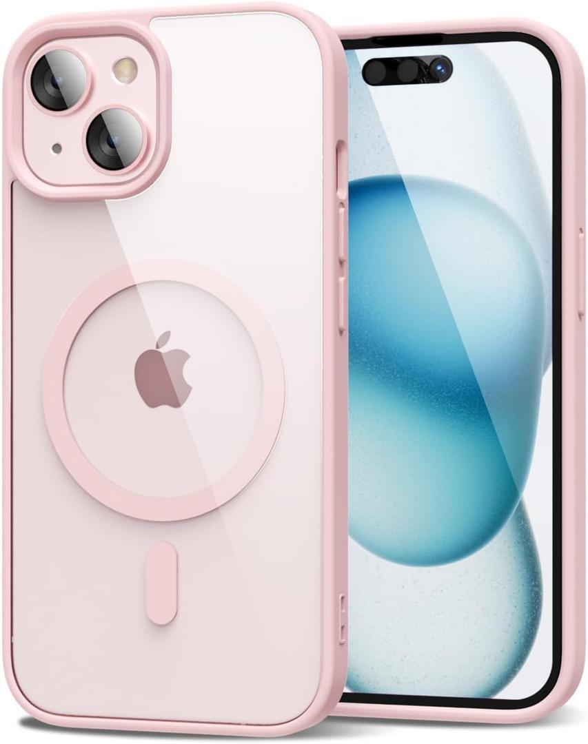 oakxco for iPhone 15 Case Clear Magnetic Compatible with Magsafe, Thin Slim Transparent Non Yellowing, Hybrid Soft Silicone Bumper & Hard Plastic Protective Cover for Women, Light Pink