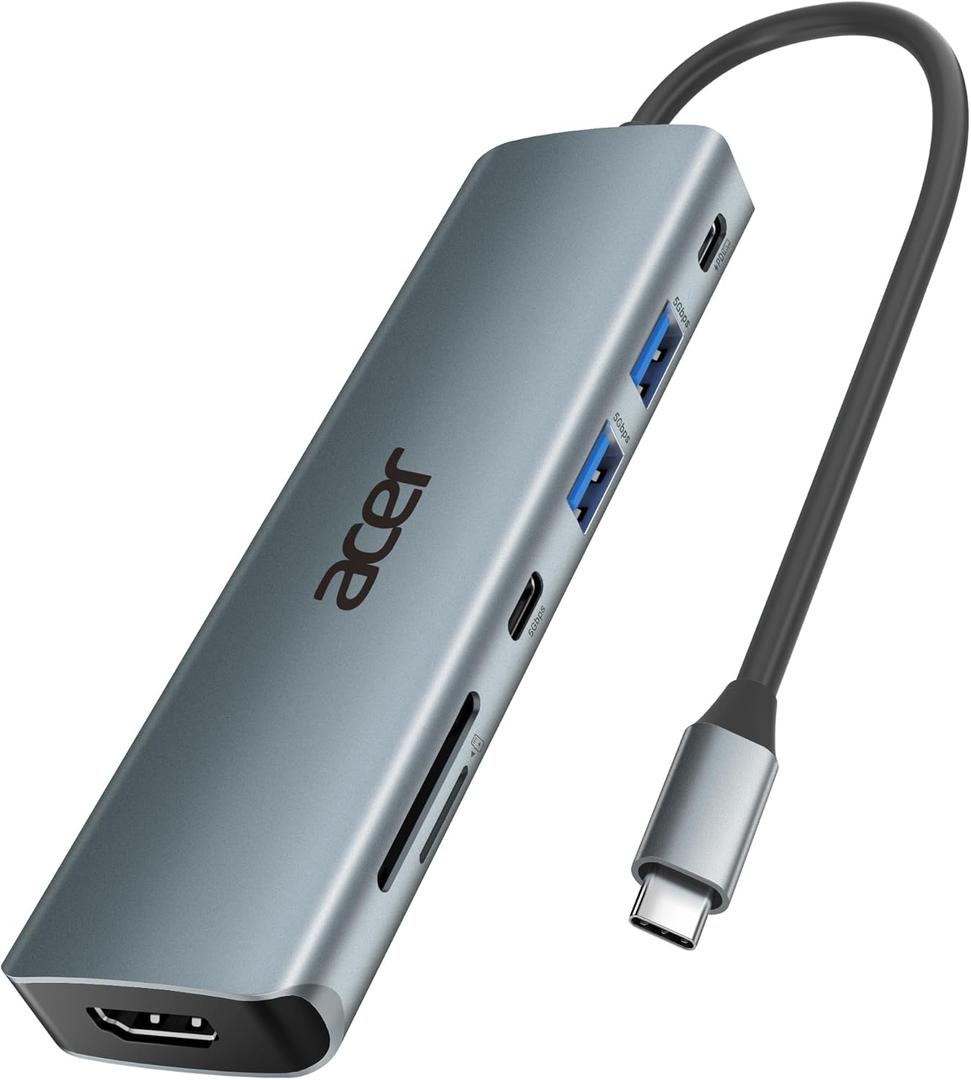 Acer USB C Hub, 7 in 1 Multi-Port Adapter for Laptop, 4K, HDMI Splitter with 2 USB A 3.1 & Type-C to HDMI Data Port, PD 100W Charging, SD Card Reader for Computer, Desktop, Space Grey