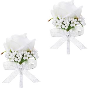 White Rose Boutonniere for Men, Set of 2, Groom and Best Man Artificial Boutonnieres, for Wedding Anniversary Ceremony Dinner Prom Party Flower Decorations