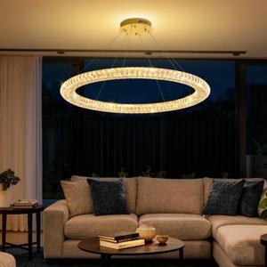 Modern Gold Ring Chandelier Dimmable LED 31.5" Round Crystal Pendant Light Ceiling Fixtures for Dining Room Living Room