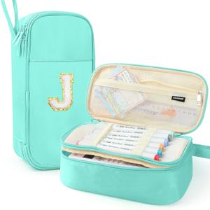 Large Pencil Case,Big Capacity Pencil Pouch,Personalized Initial Pencil Bag with smooth zipper,Multiple Pockets,Cute Aesthetic Stationery Pen Case Bag for Teen Girls College (Mint Green, J)