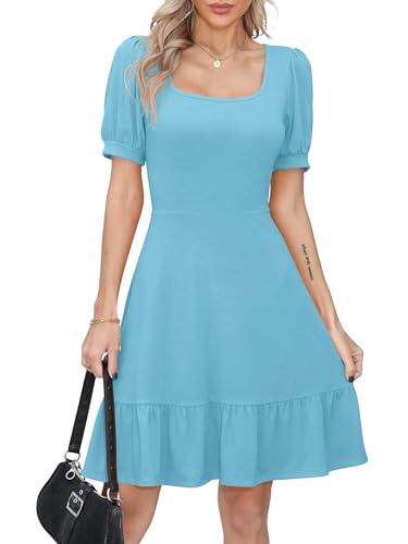 Missufe Short Sleeve Flared Ruffle Dress Women's Summer Puff Sleeve Square Neck Swing Fit Dress (Light Blue, X-Large)