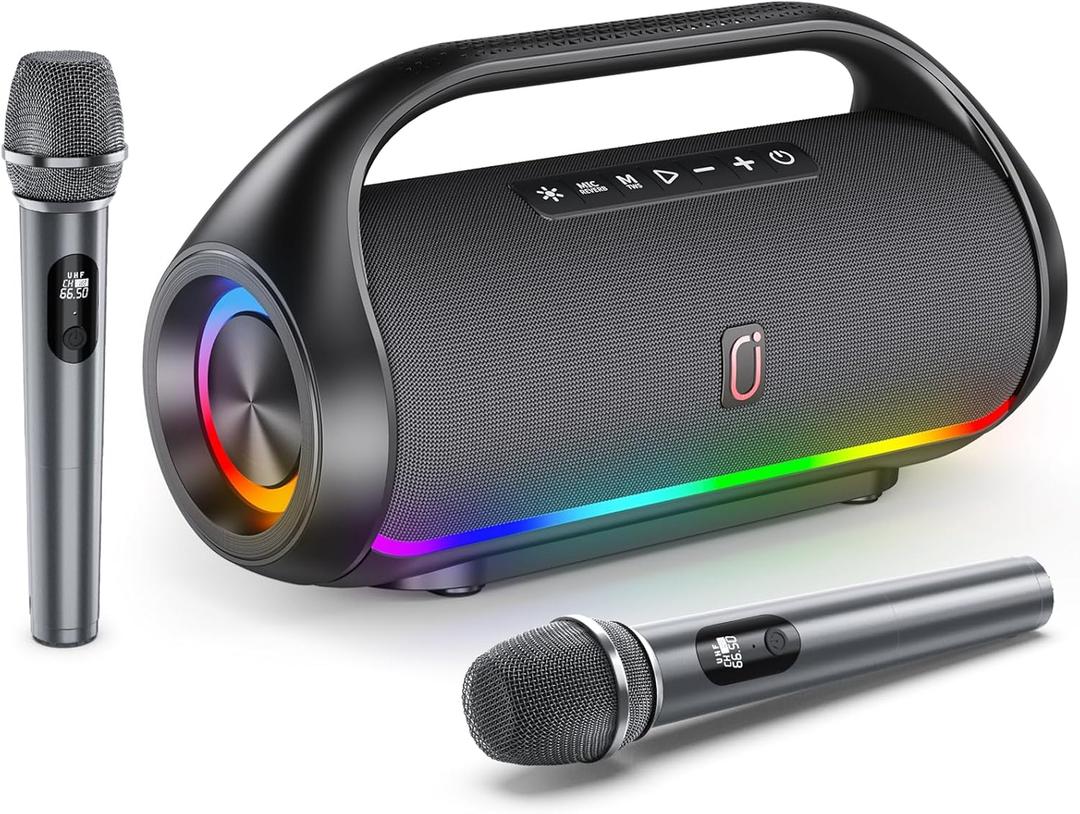 Portable Bluetooth Speaker with 2 Wireless Microphones, IPX5 Waterproof Speakers with Deep Bass & LED Lights, Loud Stereo Portable Speaker for Outdoor Indoor Home Parties Hiking Camping (Black)