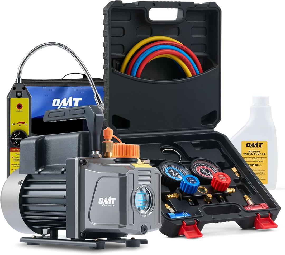 Orion Motor Tech R1234yf AC Vacuum Pump and Gauge Set, 1/3 hp 4 cfm Vacuum Pump Manifold Gauge Kit with Leak Detector 3 Hoses & Adapter for R1234yf, A/C Vacuum Pump Kit for Auto HVAC Systems