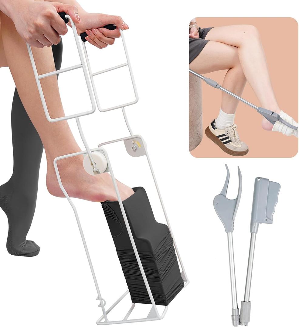 AKIMRABY Compression Sock Aid Device Kit, Sock Helpers to Putting on & Removing Compression Stockings for Seniors Men Women with Limited Mobility, Shoe Horn & Sock Puller Aid Easy On and Off