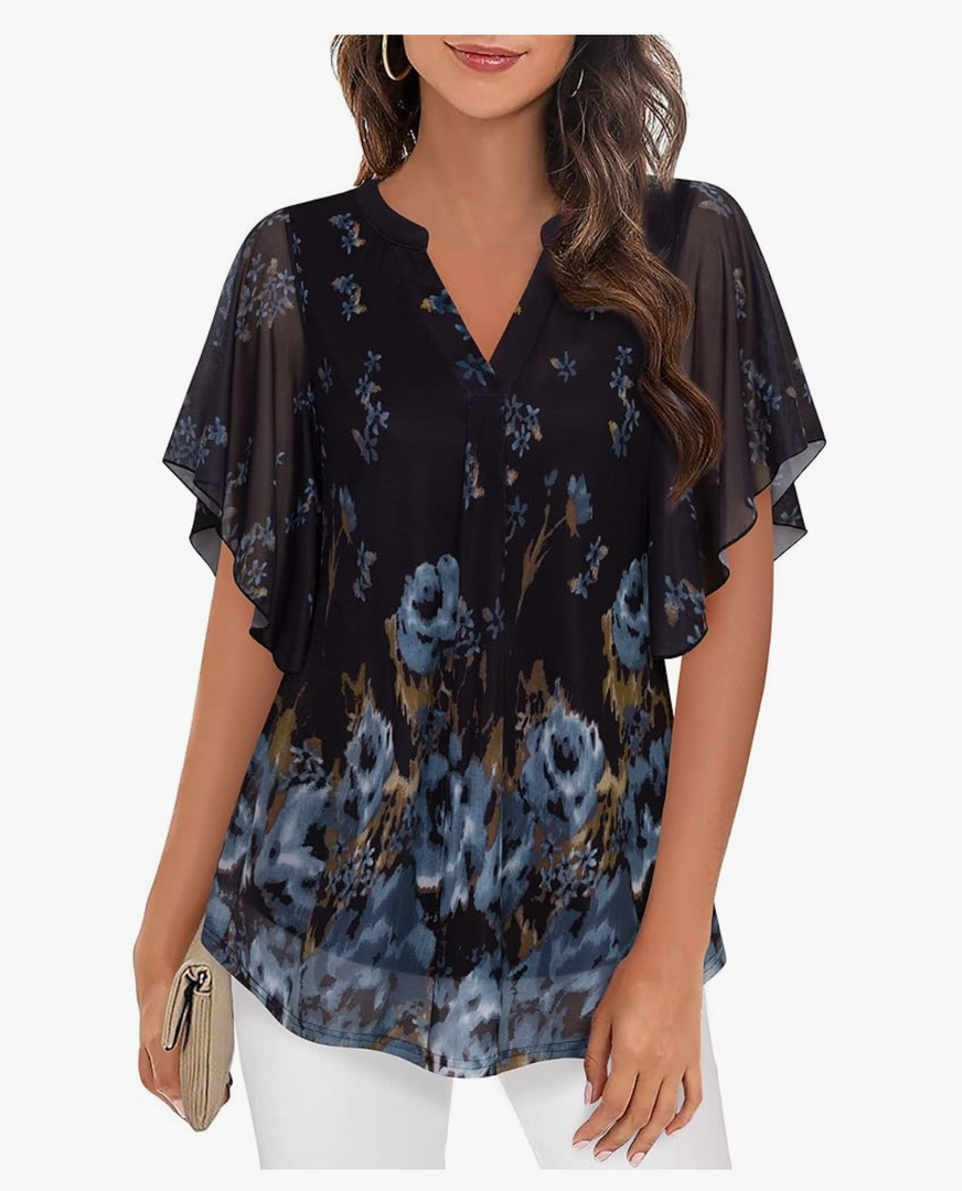 Timeson Women's Short Sleeve V Neck Blouses Shirts Floral Double Layers Mesh Tunics Tops XXL