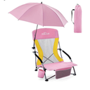 Homcosan Portable Low Folding Beach Chair with Detachable Umbrella - Lightweight Camping Chair for Adults with Cup Holder & Storage Pocket, Carry Bag Included (Pink & Yellow)