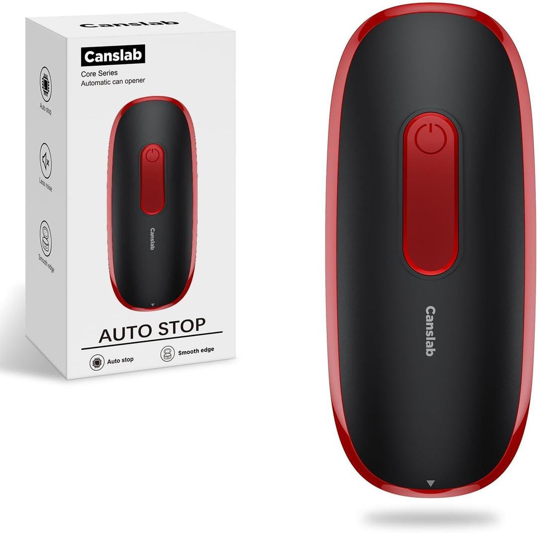 Canslab CORE Electric Can Opener_Single Touch Automatic Opener for Seniors with Arthritis, Auto Shut-off, Cordless Battery Powered, Side Cut, Smooth Edge, Handsfree for Small or Large Cans, Black+Red