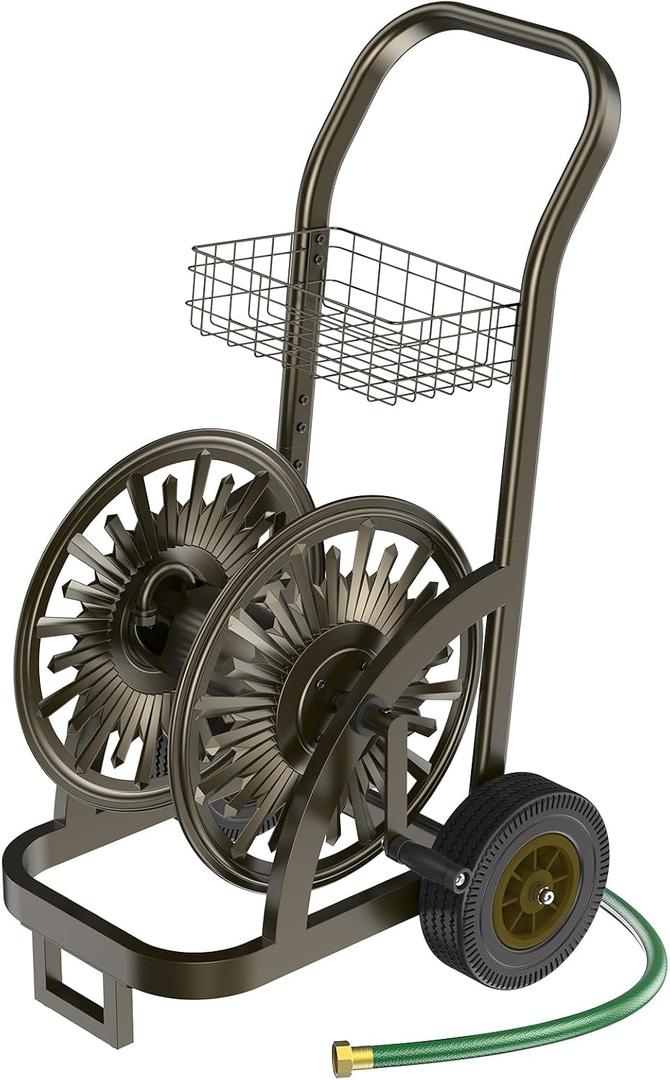 GOFORWILD Heavy Duty Steel Garden Hose Reel Cart with Wheels - Holds 200ft of 5/8 Hose, Storage Basket & Anti-Tip Design - Mobile Water Reel for Lawn, Yard, Garden