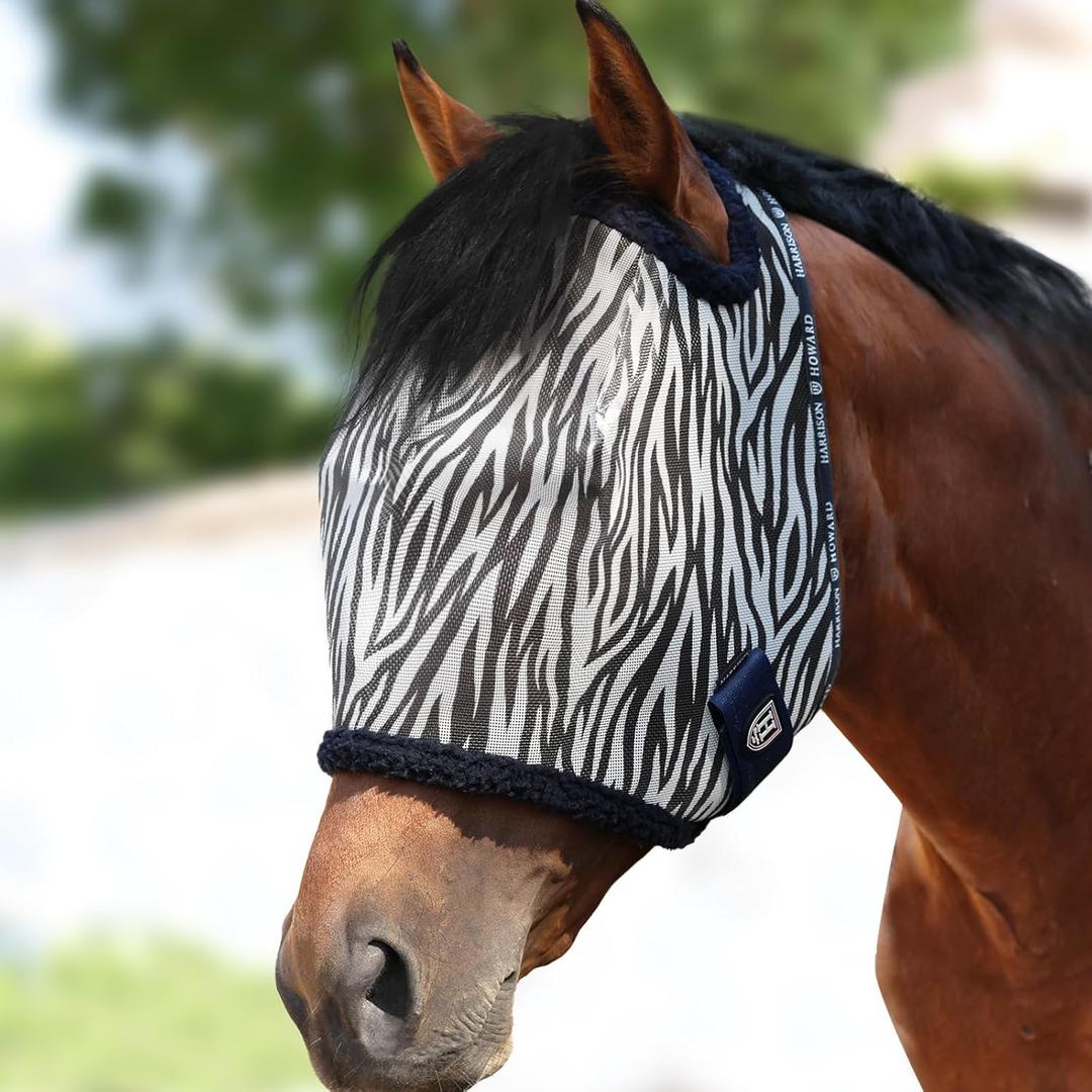 Harrison Howard All Round Mesh Horse Fly Mask UV Protective with Fleece Padded Edging and Fun Prints Forelock Opening Design Mask for Horse Zebra, Medium