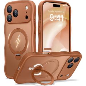 CAPRARO for iPhone 17 Pro Case with 360 Spin Magnetic Stand for Women, [Compatible with MagSafe] [Full Camera Protection] Cute Wave Translucent Matte Case for iPhone 17 Pro, Cosmic Orange