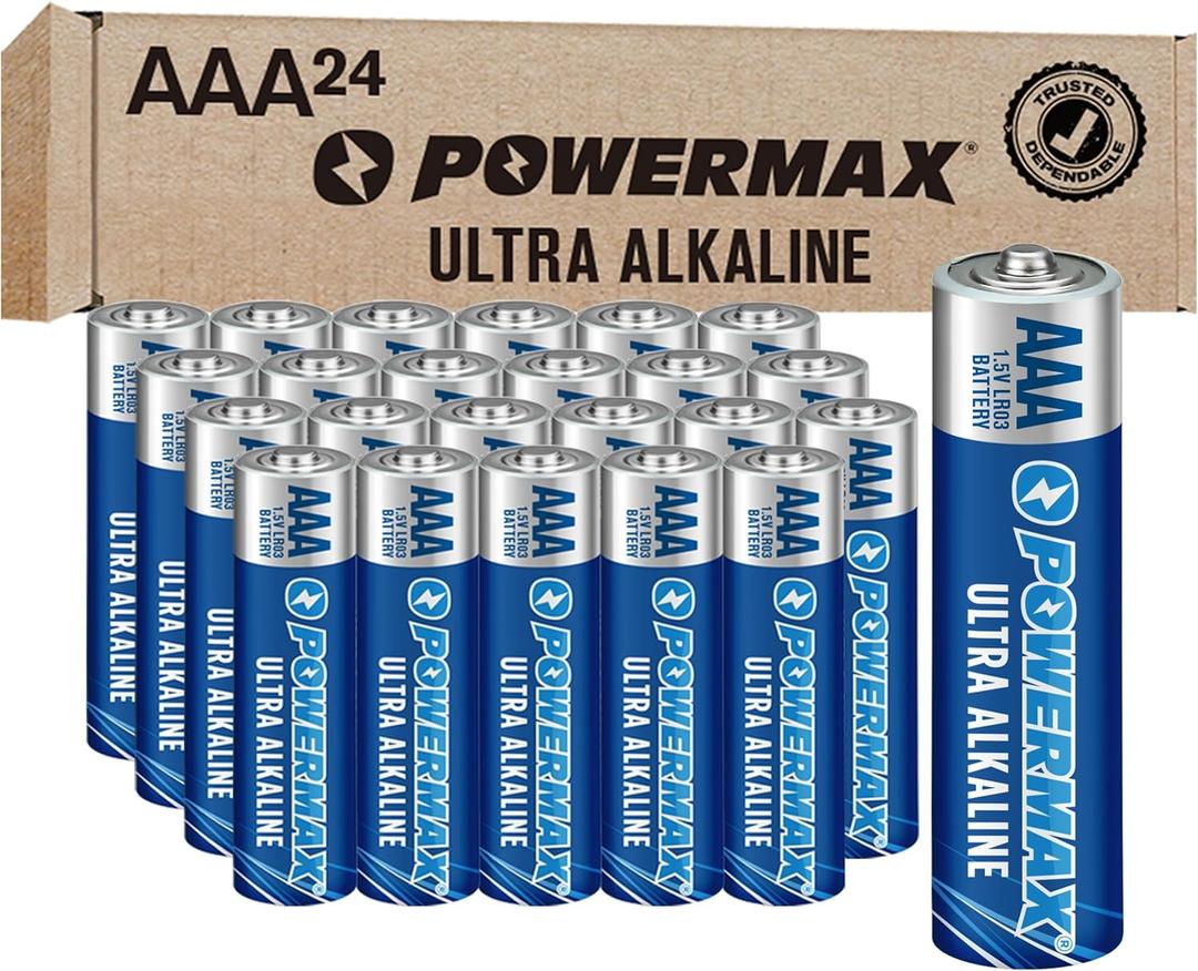 Powermax 24-Count Triple AAA Batteries, Ultra Long Lasting Alkaline Battery for Home and Office, 10-Year Shelf Life, Reclosable Packaging