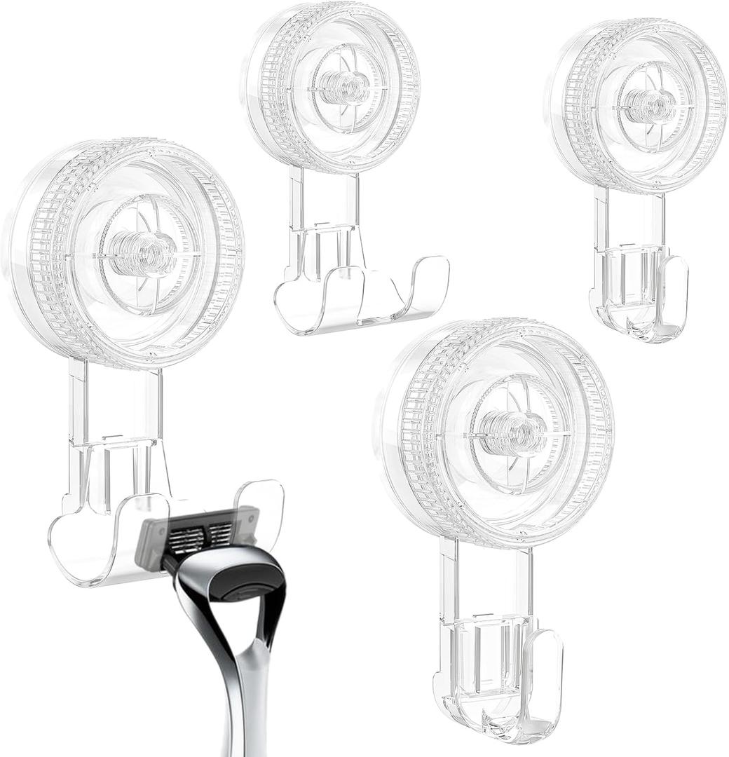Suction Cup Hooks, BUDGET & GOOD Reusable Waterproof Shower Hook, 4Pcs Vacuum Suction Hooks - Razor Holder - Wreath Hook - Multi-Use for Bathroom Kitchen Office, Storage & Organization for Accessories