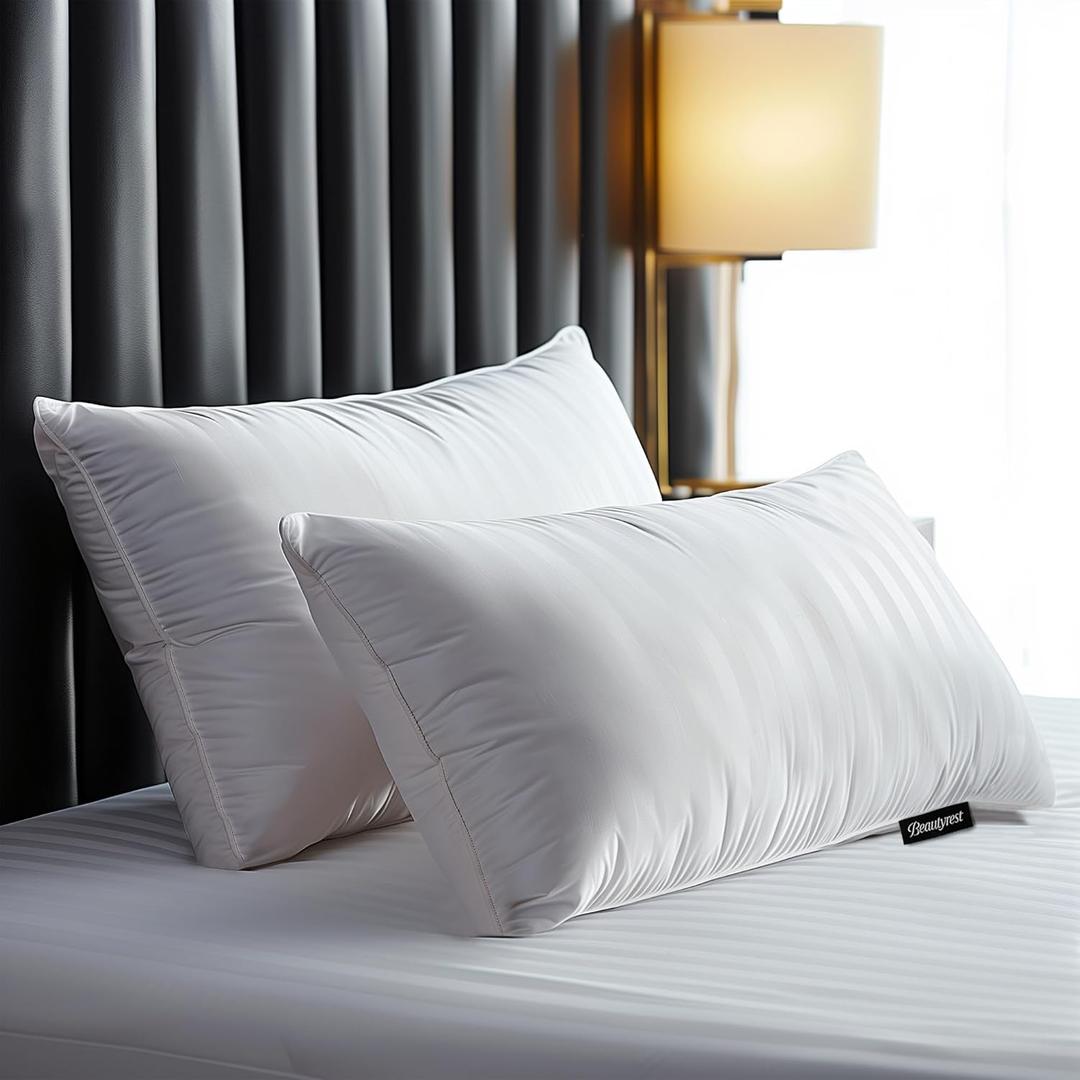 Beautyrest Luxury Goose Feathers Down Pillows Queen Size Set of 2, Hotel Collection Fluffy Bed Pillows, Medium Firm Hypoallergenic Pillow, 500 Thread US Grown Cotton Cover (20x28, Pack of 2) (White)