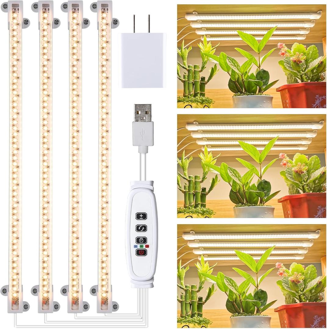 LED Grow Light Strips for Indoor Plants Full Spectrum 3500K, 192 LEDs Plant Light Bar with 3/9/12H Timer, 10 Dimmable Levels for Seedling Succulent, 13 Inches, 4 Head (4 Strip)