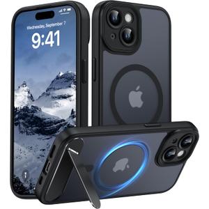 Magnetic Compatible with iPhone 15 Case, [Built-in Invisible Kickstand][Compatible with MagSafe][Full Camera Protection] Translucent Matte Phone Case for iPhone 15 6.1" Black