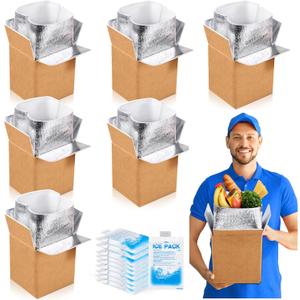 Honoson 6 Pcs Thermal Insulated Shipping Boxes for Frozen Food with Ice Pack and Aluminum Foil Liner for Shipping Big Cold Pack Cooler Mailing Boxes for Moving Hot Frozen Food (6'' X 5'' X 6.5'')