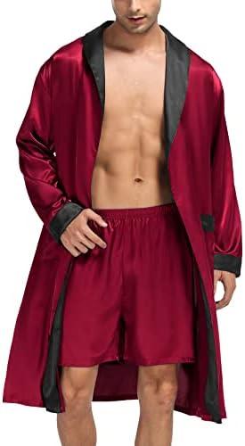 SWOMOG Men's Satin Robe with Shorts Set Silky Kimono Bathrobe Lightweight Soft Sleepwear Size L