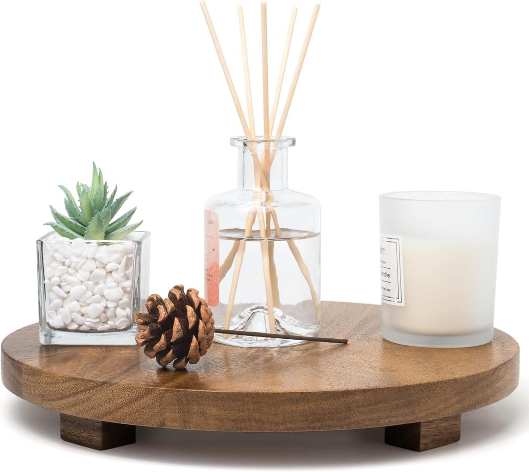 Zurklulu Round 11.8" Acacia Wood Decorative Tray – Farmhouse Wood Riser Pedestal Stand for Kitchen and Bathroom Decor, Counter Display, Vanity Tray (Large, 11.8" Dia)