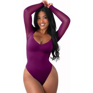 FeelinGirl Long Sleeve Bodysuit for Women Sexy Mesh V Neck Body Suits Thong Corset Top Going Out Outfits for Party (Medium, Purple)