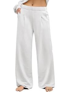 HeSaYep Women's Wide Leg Sweatpants Baggy Straight Leg Sweat Pants Elastic High Waisted Loose Pants with Pockets, White, Small