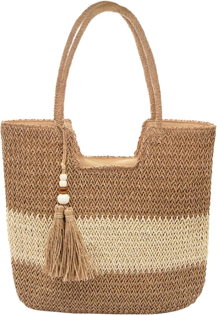 Long Keeper Beach Bags for Women Summer Straw Bag with Zipper Woven Shoulder Handbag Beach Tote Bags for Travel Vacation (Khaki Beige With Tassel)