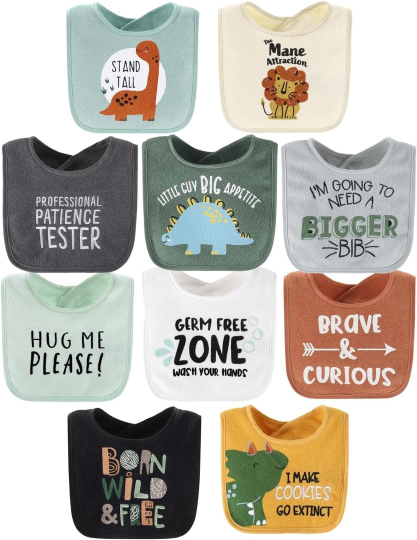 The Peanutshell Baby Boy Terry Bibs Set of 10-100% Cotton, Soft, Absorbent Baby Bibs, Toddler Boy Set, Newborn & Infant Bib - Dinosaur