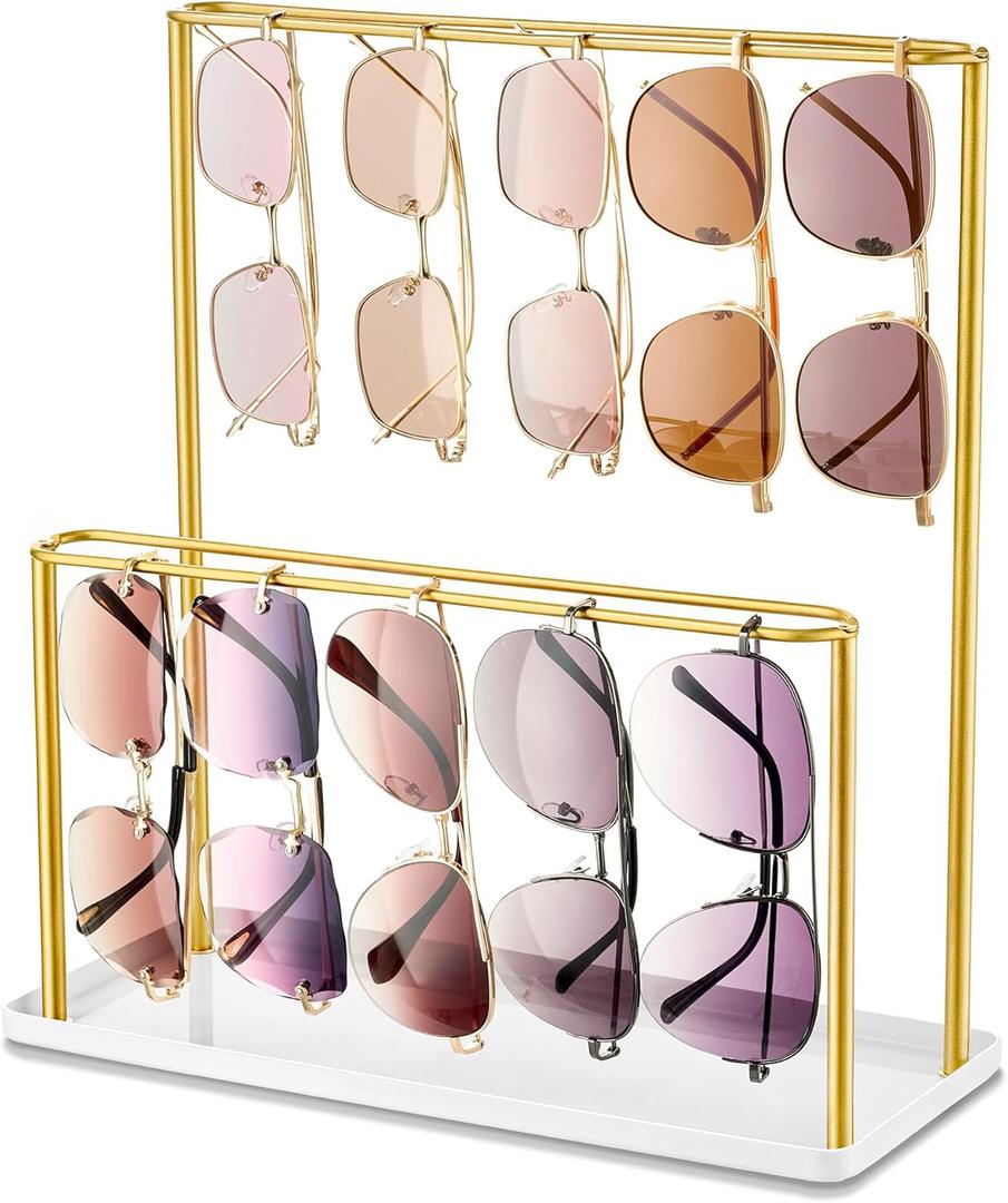 Josmimic Sunglasses Organizer Glasses Holder Stand with Tray, Eye Glasses Display, 2 Tier Sunglass Storage Rack for Multiple Glasses, for Desk, Nightstand, Dresser, Vanity, Metal, Gold