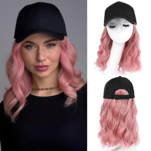 AISI QUEENS Hat Wig Hat with Hair Attached for Women Cap with Hair Attached for Women Baseball Cap Wig Extensions Short Wave Synthetic Adjustable for Daily Use (16 Inch, Pink)