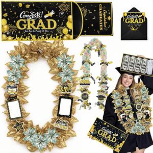Class of 2026 Graduation Leis with Money Gift Set, 2 pcs Candy Lei Graduation Cash Holder,Personalized Graduation Gifts Money Leis with Photo Frame Congrats Grads Gift Idea for Graduate Party Supplies-Gold Black