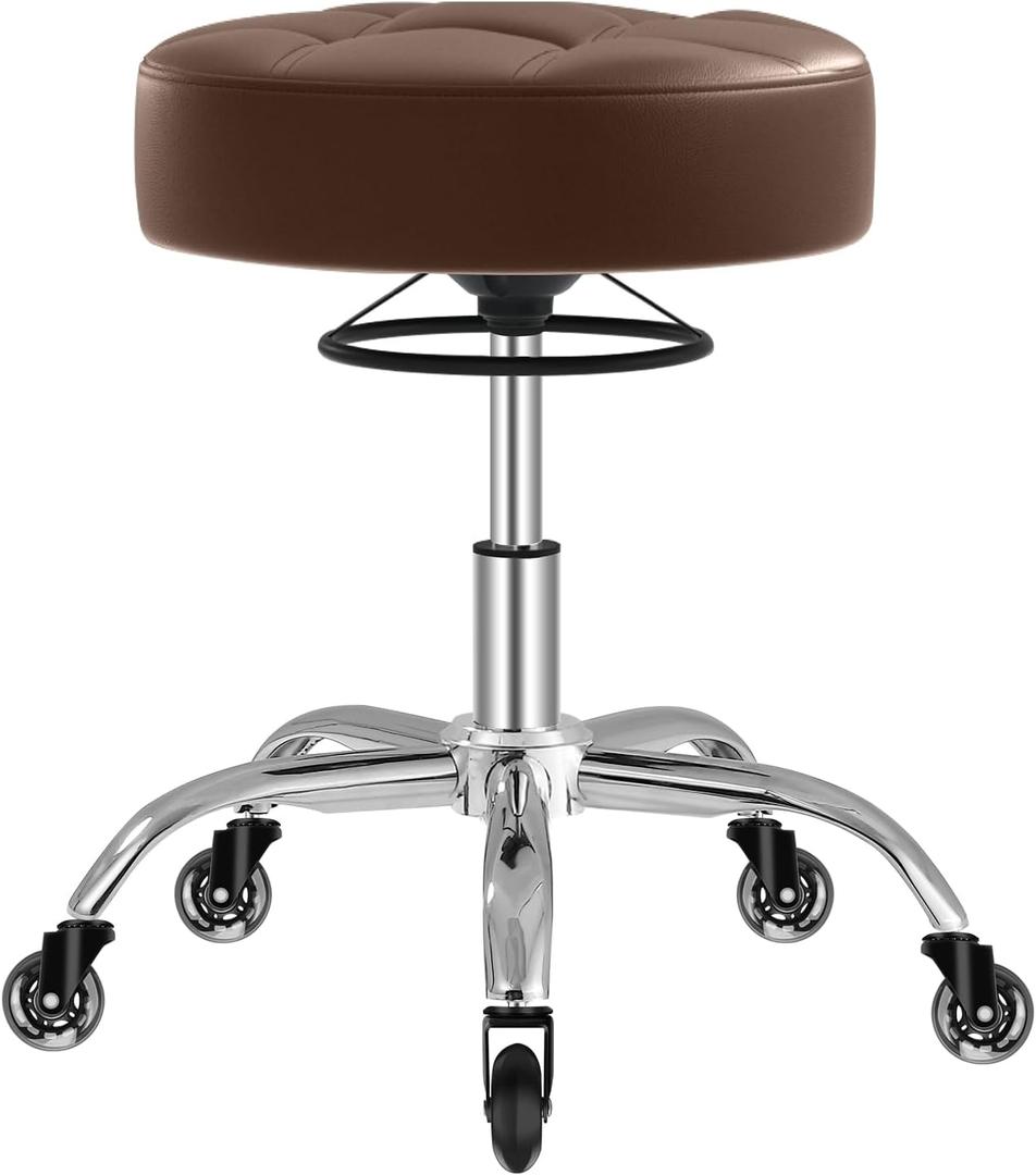 Rolling Stool Heavy Duty 400lb: Super Soft Seat Cushion,360 Swive,Height Adjustability,No Squeaky Noises,No Tip Over,New Upgraded Stool Salon stool Chair, Tattoo Facial Massage Spa Medical (Brown)