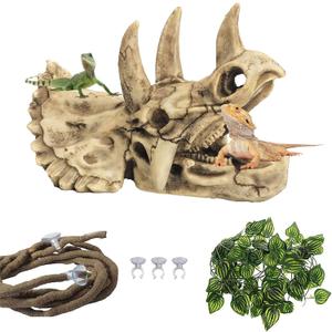 kathson Reptile Resin Dinosaur Skull Decoration Bearded Dragon Tank Triceratops Skeleton Accessories Vines Flexible Leaves Decor for Lizards Tortoises Snakes Frogs (3 PCS)