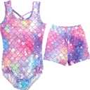 Mermaid Gymnastics Leotards for Girls 4-13 Years Old Toddler Kids Dance Tumbling Outfit Matching Shorts Set Birthday Gifts (Sk36)