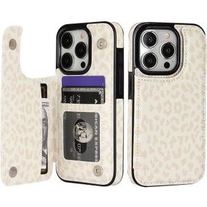 HAOPINSH for iPhone 15 Pro Wallet Case with Card Holder, Cream-Coloured Leopard Cheetah Back Flip PU Leather Kickstand Card Slots Case for Girls Women, Double Magnetic Clasp Shockproof Cover 6.1"