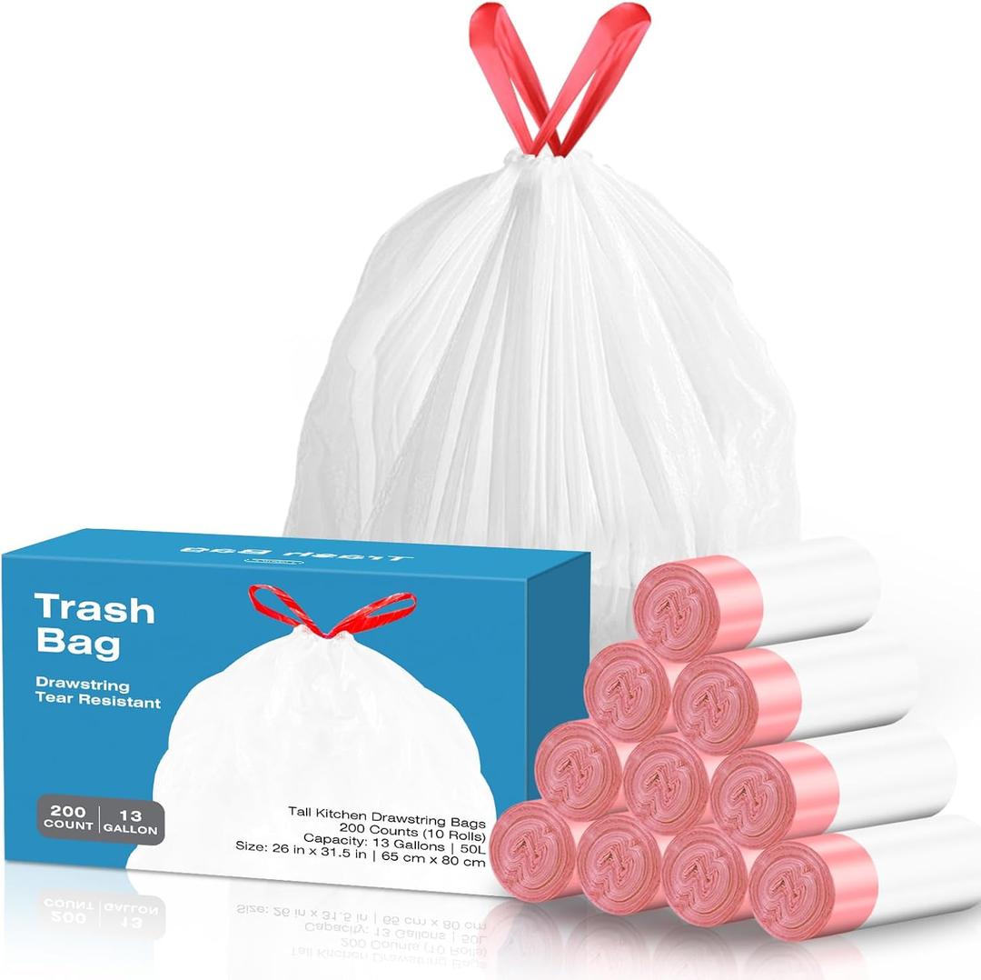 KdbK 13.2 Gallon Tall Kitchen Drawstring Trash Bags, 200 Count Pre-separated Garbage Bags, Unscented, Leak Proof, Waste Bag for Kitchen, Office, Home