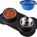 Bonve Pet Double Dog Food Bowls Stainless Steel & Water Dish with No-Spill and Non-Slip Silicone Mat, Removable Puppy Feeder Bowls for Small Medium Size Cat Dogs Kitten 14oz Black