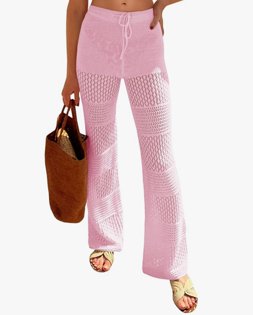 Saodimallsu Womens Beach Cover Up Pants Boho Crochet Knit High Waist Drawstring Sheer Hollow Swim Pant Swimwear 29.5x38