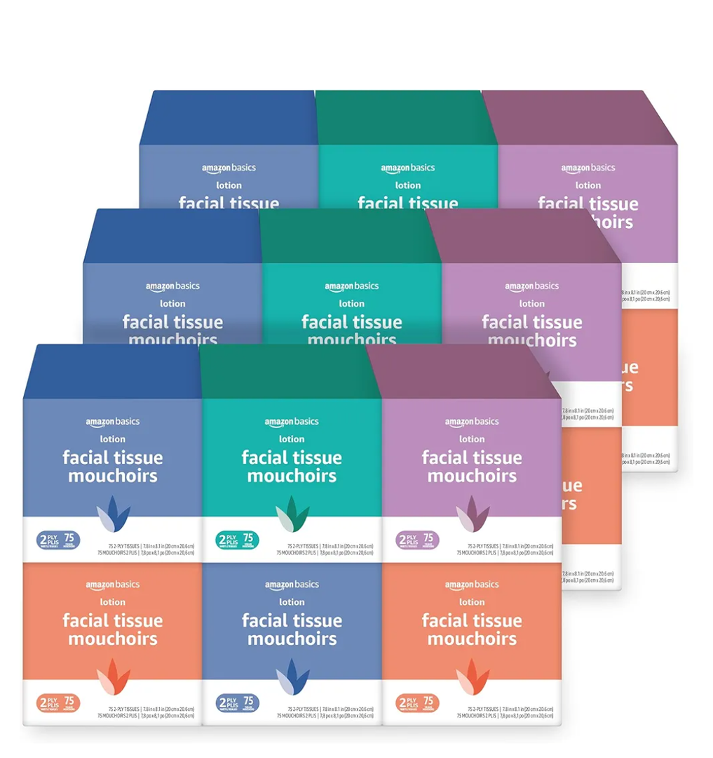 Amazon Basics Facial Tissue with Lotion, 2-Ply, Pack of 9