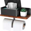 Toilet Paper Holder with Shelf Double Roll Toilet Tissue Holder with Wipes Dispenser for Bathroom, Metal and Solid Wood Tissue Paper Roll Wall Mount Storage Aromatherapy, Phone Shelf, Black