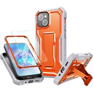FITO for iPhone 13 Mini Case 5.4 Inch, Dual Layer Shockproof Heavy Duty Case with Screen Protector, Built in Kickstand (Orange)