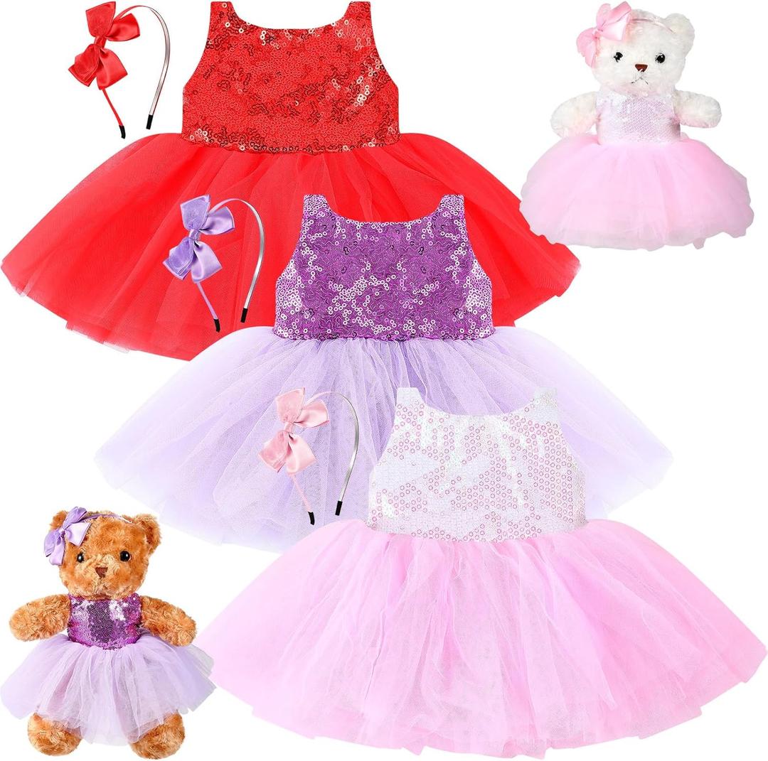6 Pcs Bear Clothes with Bow Headbands Fit 12-16 Inch Dolls Stuffed Animals Bear Dress Tutu Skirt Accessories Make Your Own Stuffed Animals(Vibrant,Tutu)