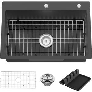 Black Kitchen Sink, 27x18 Inch Stainless Steel Drop In Modern Single Bowl Topmount Kitchen And Bar Sink Combo-SS Grid,Spoon Rest,Drain Strainer Set Compatibility With Various Kitchen&Bar Style, 27x18x9 inches