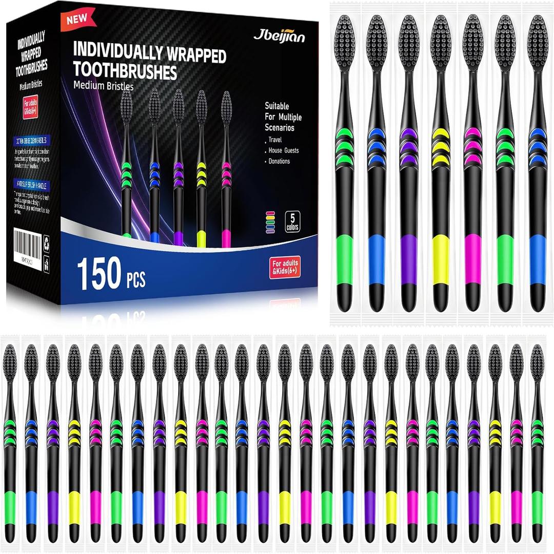 150 PCS Individually Wrapped Bulk Toothbrush Pack, Disposable Soft Bristle for Adult or Kid, Ergonomic Handle, Perfect for Travel, Hotel, Donation
