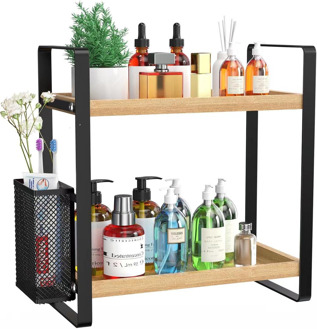 LEMIKKLE 2-Tier Wood Bathroom Counter Organizer with Basket, Waterproof Vanity Perfume Skincare Storage for Bathroom, Kitchen, Dresser