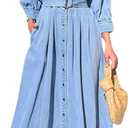 utcoco Womens 2025 Fall Winter Denim Shirt Dress V Neck 3/4 Long Sleeves Button Down Belted Jean Maxi Dresses, L