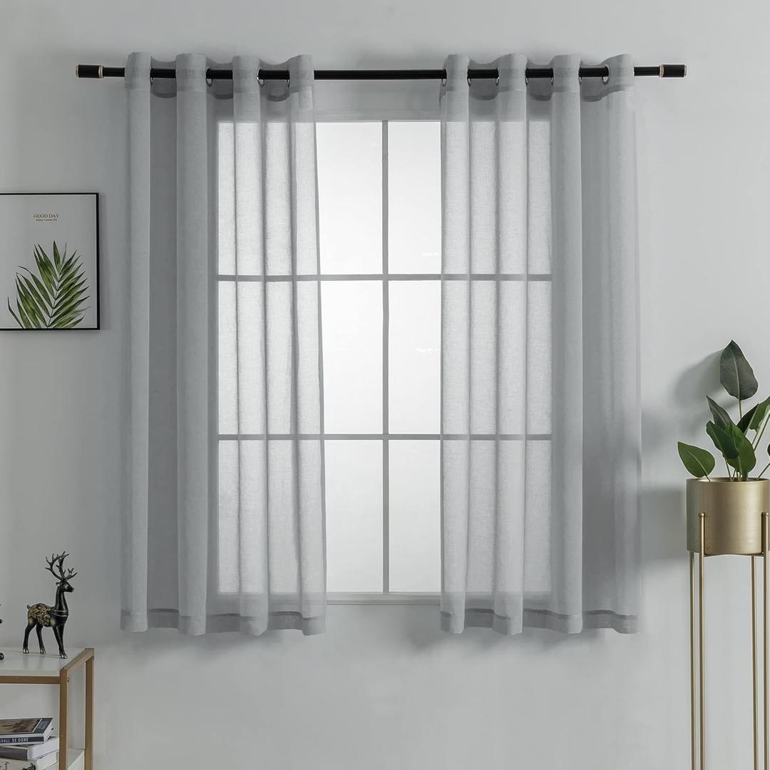 HUTO Grey Sheer Curtains Linen Look Semi Transparent Voile Solid Window Curtains with Grommet for Living Dining Room Bedroom 52x63 inch Set of 2 Panels Gray