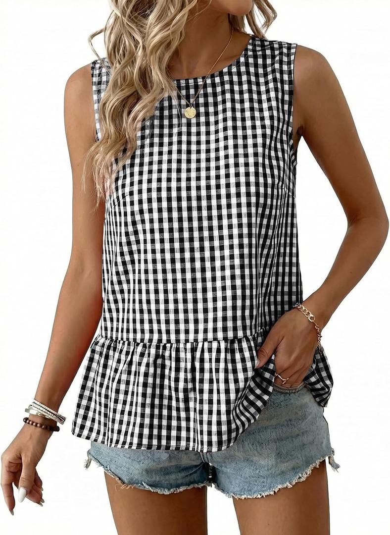 BLENCOT Women Gingham Sleeveless Shirts Ruffle Round Neck Peplum Tank Tops Business Casual Dressy Blouses (Black, S)